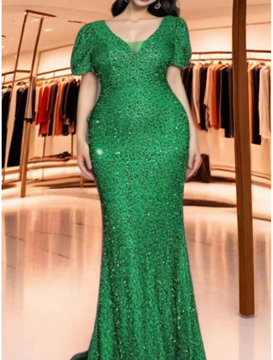 Mermaid Trumpet Quinceanera Dresses Elegant Dress Wedding Wedding Guest Sweep / Brush Train Short Sleeve V Neck Sequined Backless with Sequin