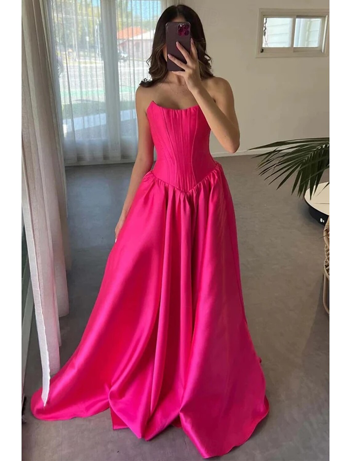 A-Line Hot Pink Prom Drop Waist Dresses Elegant Corset Dress Formal Evening Party Floor Length Sleeveless Off Shoulder Satin with Ruched