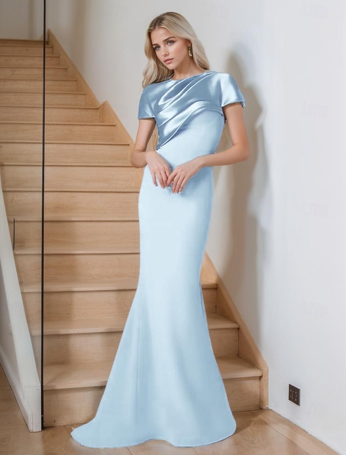 Mermaid / Trumpet Evening Gown Elegant Dress Formal Evening Party Floor Length Short Sleeve Crew Neck Belt / Sash Satin with Pleats