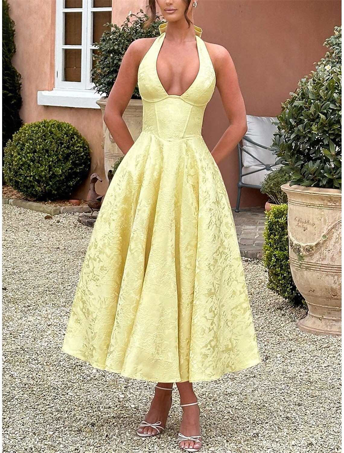 A-Line Pink Dress Jacquard Dress Semi Formal Cocktail Dress Wedding Midi Length Sleeveless Halter Neck Bow Backless with Lace Up Detail