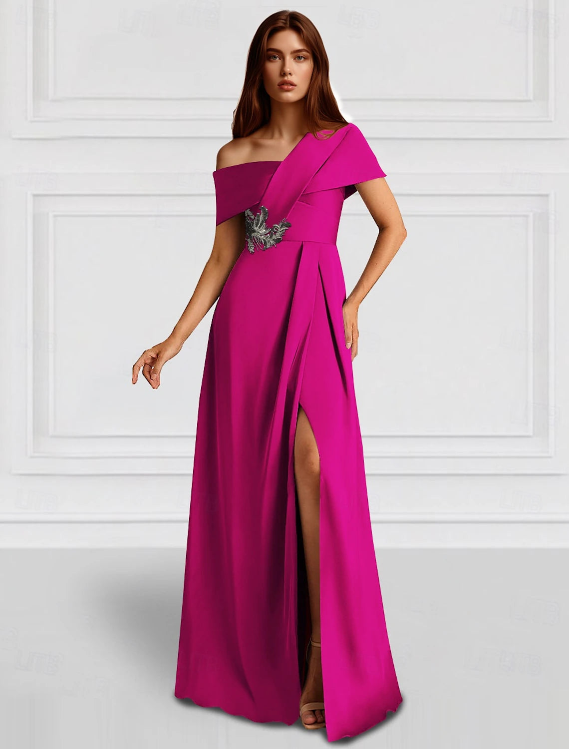 A-Line Evening Gown Elegant Dress Formal Wedding Guest Floor Length Sleeveless One Shoulder Pocket Satin with Shawl