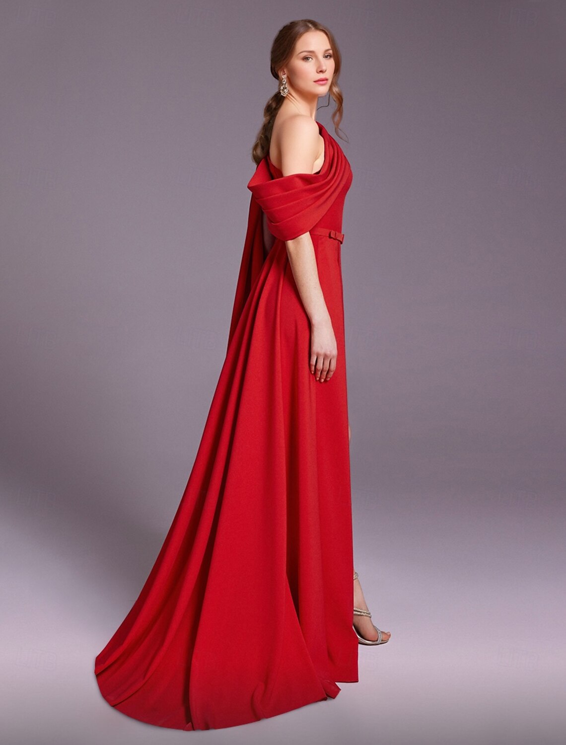 Red Sheath Maxi Evening Gown Elegant Dress Formal Floor Length Short Sleeve One Shoulder Belt / Sash Stretch Crepe with Ruffles Shawl