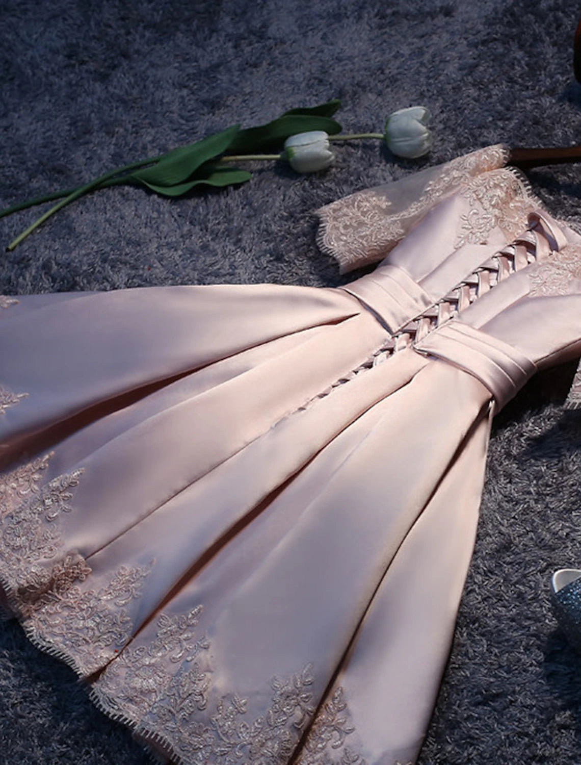 A-Line Bridesmaid Dress Off Shoulder Short Sleeve Elegant Short Mini Satin with Lace