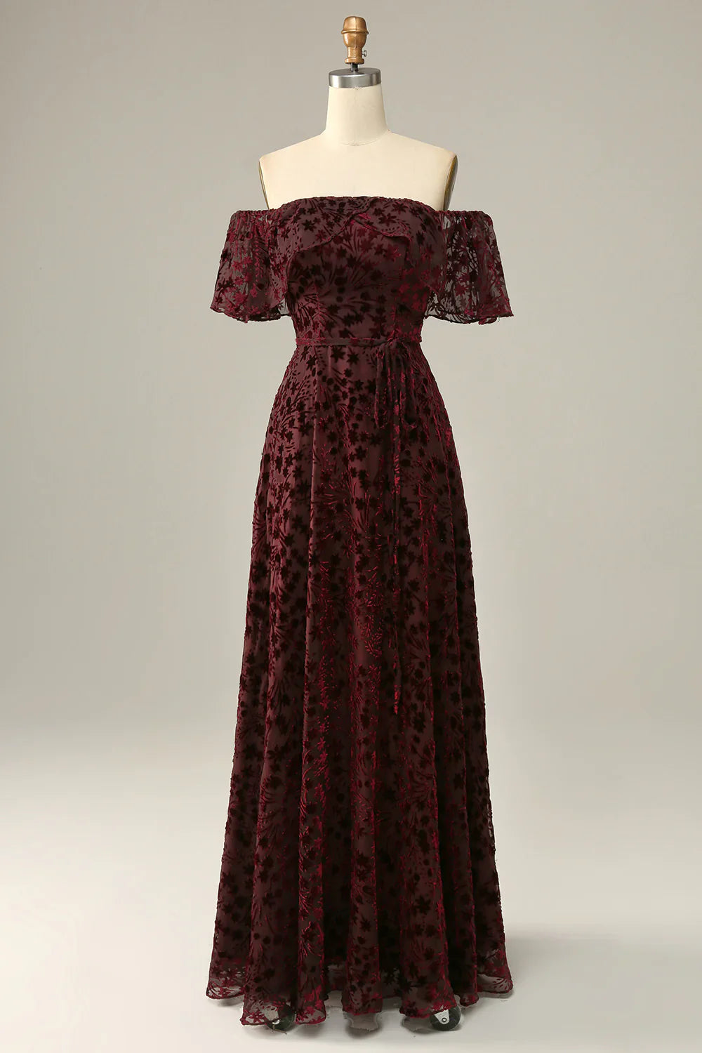 DingJiDress Burgundy Flower Off The Shoulder Evening Dress