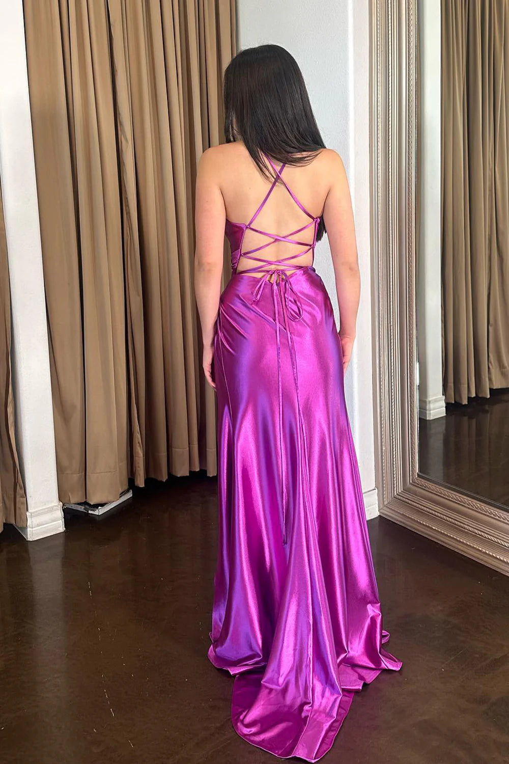 Purple long slim shoulder mermaid slit dance dress