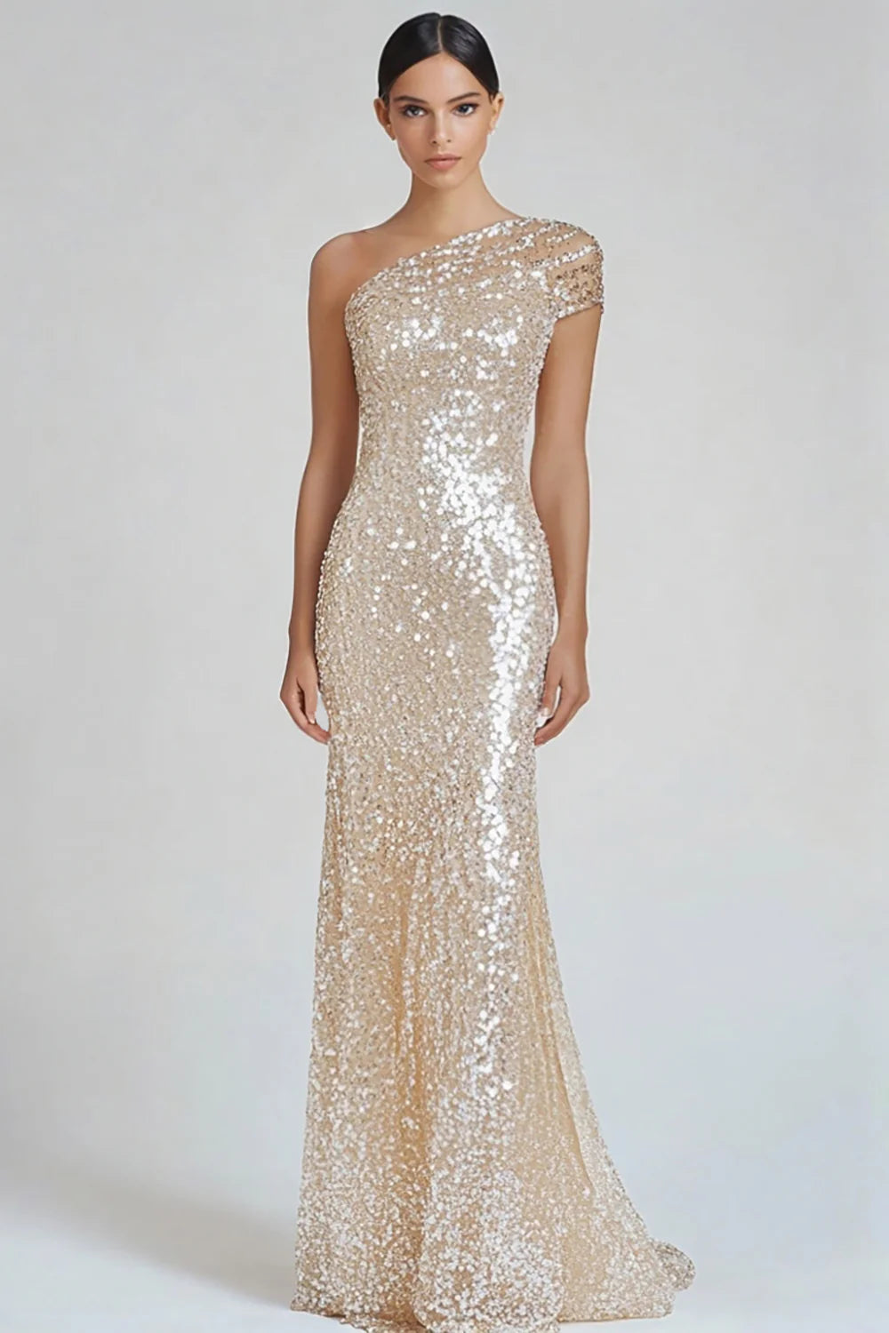 Champagne long one shoulder sequined ball dress dress