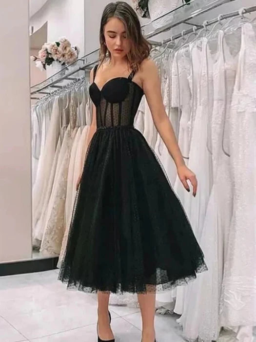 Elegant Sweetheart Neck Tea Length Black Prom Sweetheart Neck Black Formal Graduation Homecoming
