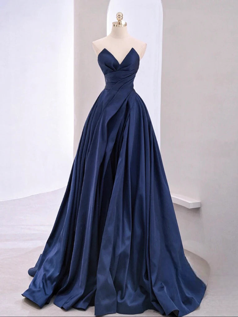 A-Line V Neck Satin Dark Blue Long Prom Dress Dark Blue Long Evening Dress
