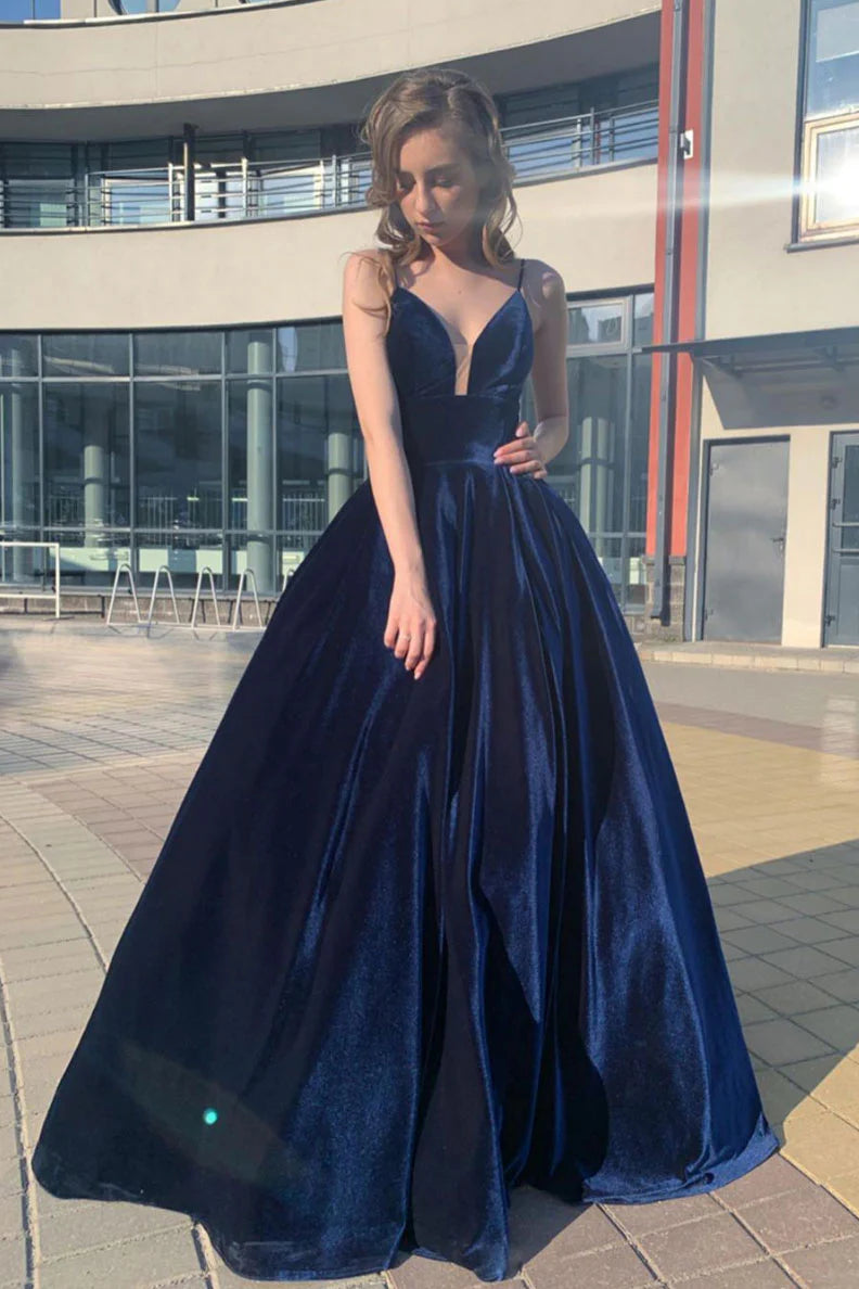 Simple v neck blue long prom dress blue formal dress ﻿