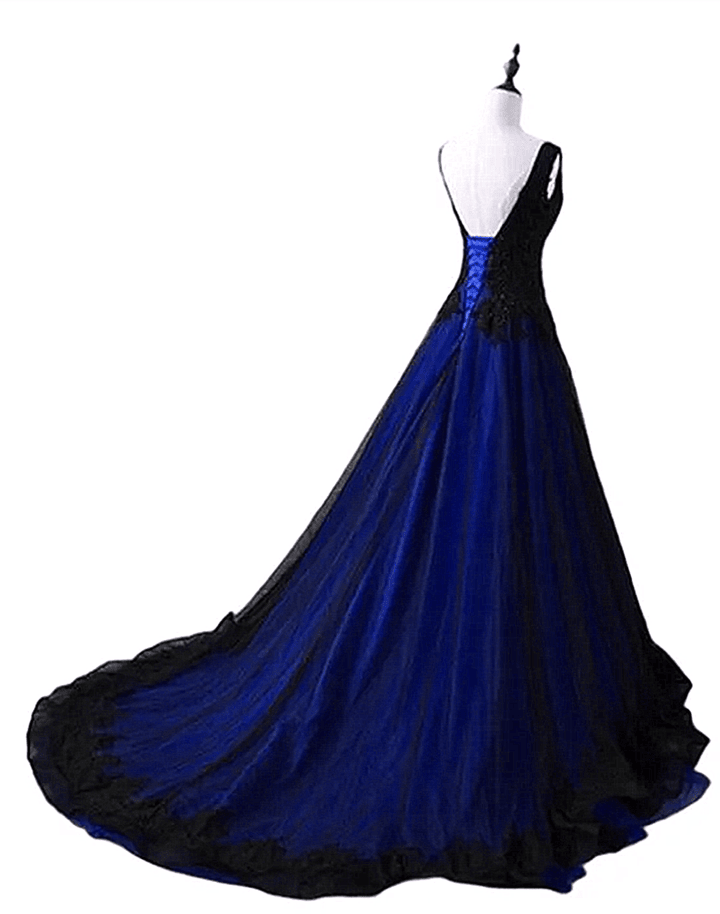 Black and Blue V-neckline Lace and Tulle Applique Long Party DressBlack and Blue Prom Dress
