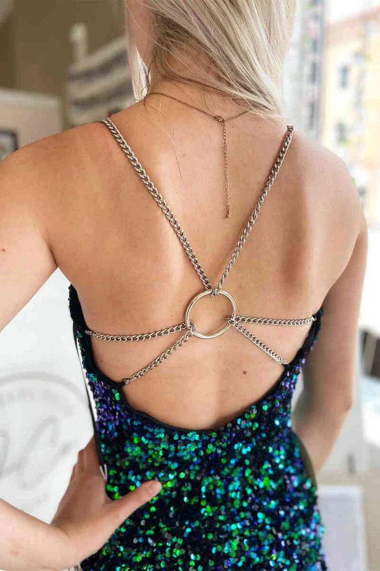 V Neck Dark Green Sequins Short Homecoming Dresses