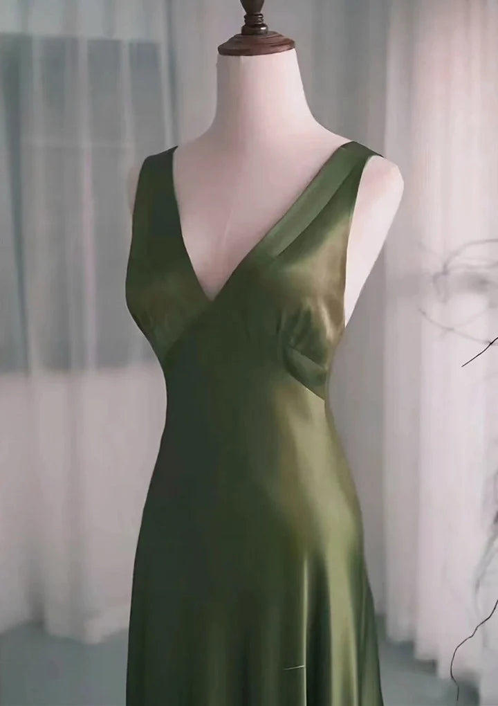 Green Satin V-Neckline Low Back Prom DressGreen Evening Dress Formal Dress