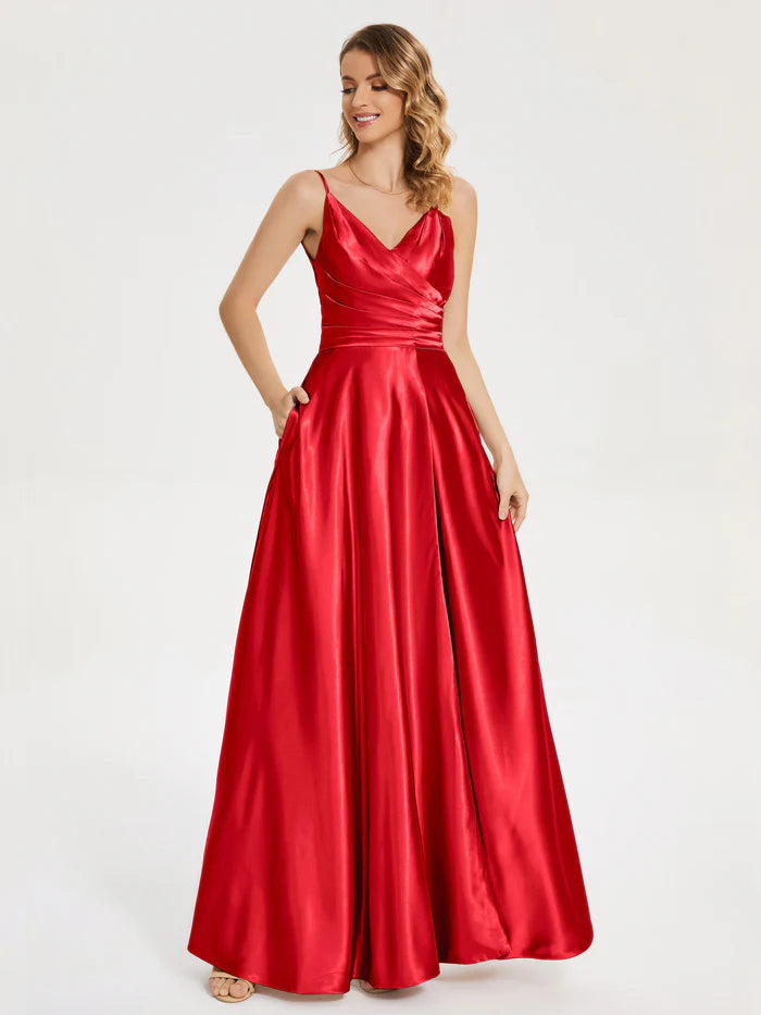 Elegant A-Line V-neck Sleeveless Lace Up Floor-Length Pleated Soft Satin Prom Dress with Slit