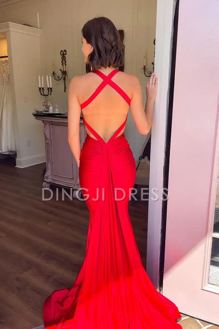 DingJiDress Elegant Mermaid V Neck Satin Backless Long Charming Prom Dress