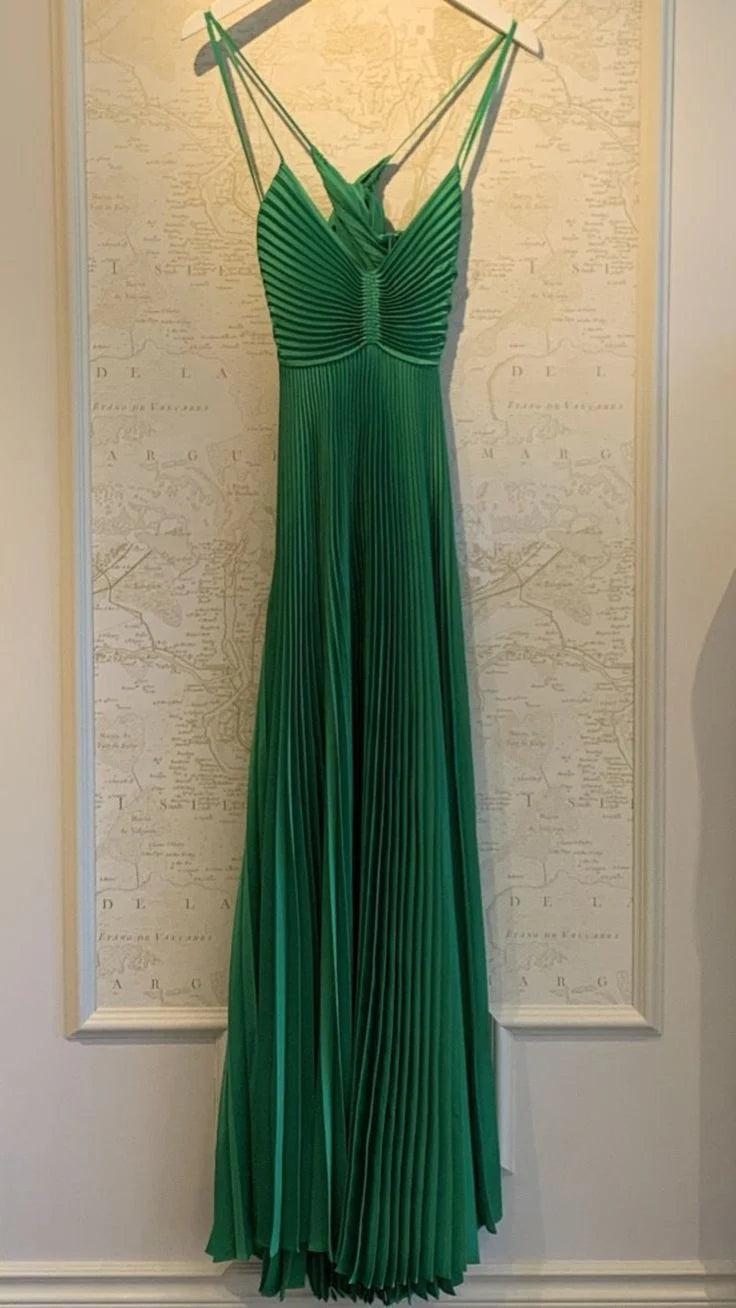 Green Long Pleated Prom Evening Dress
