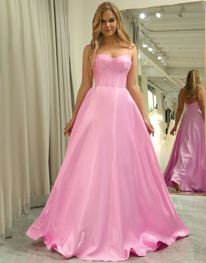 Pink A-Line Backless Long Prom Dress With Detachable Straps