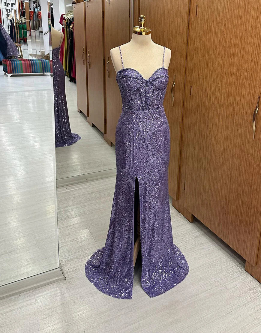 Deep purple sequined mermaid long corset ball dress