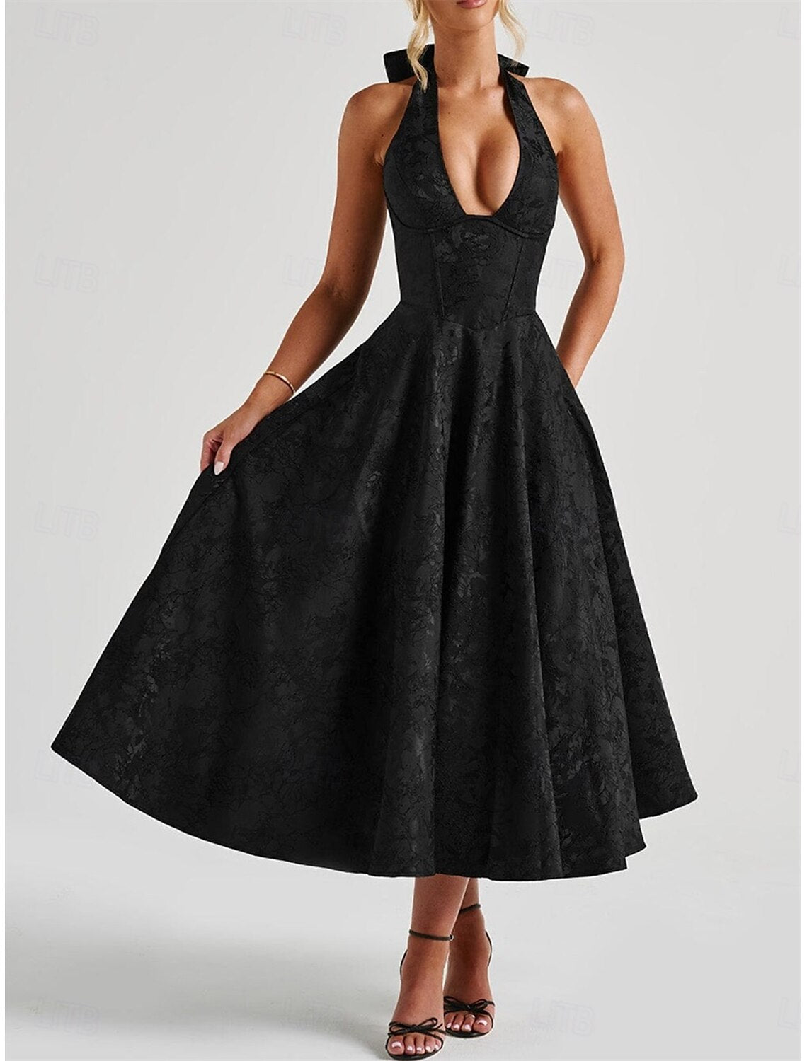 A-Line Pink Dress Jacquard Dress Semi Formal Cocktail Dress Wedding Midi Length Sleeveless Halter Neck Bow Backless with Lace Up Detail