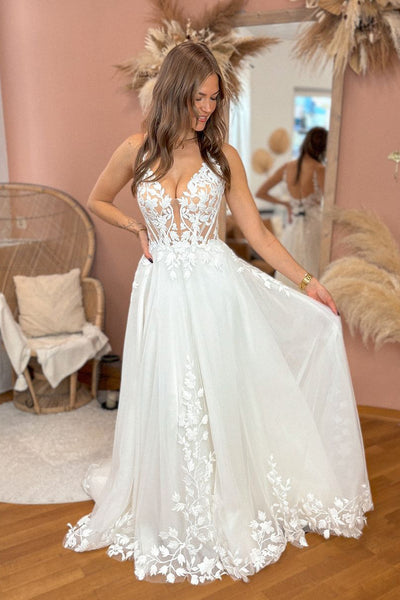 Fairy A Line V Neck Tulle Lace Wedding Dresses