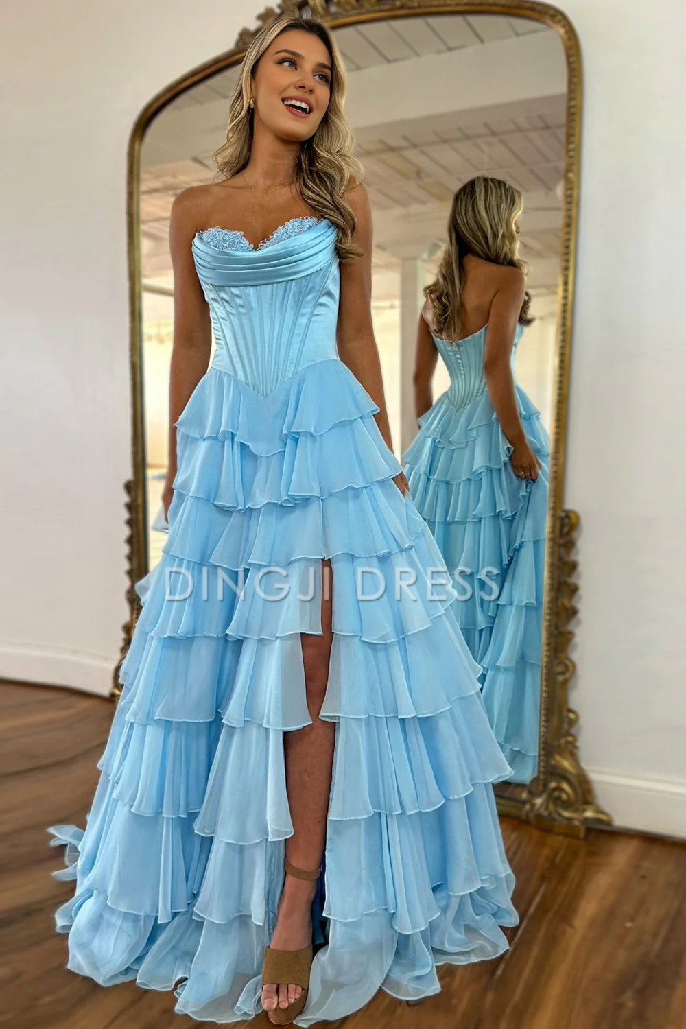 DingJiDress Lovely A-Line Sweetheart Long Tiered with Slit Fashion Prom Dress