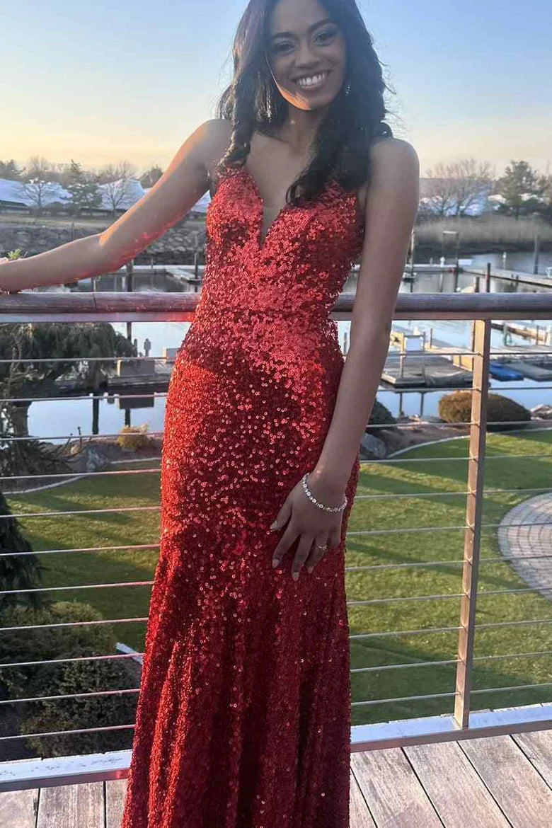 Sparkly Sequined Spaghetti Straps V-Neck Mermaid Long Prom Dress