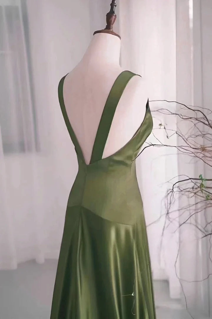Green Satin V-Neckline Low Back Prom DressGreen Evening Dress Formal Dress
