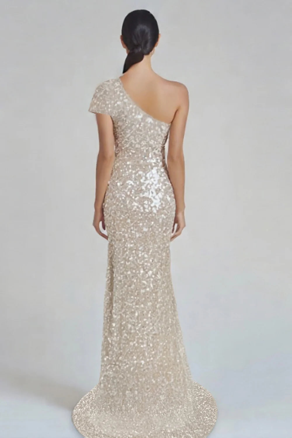 Champagne long one shoulder sequined ball dress dress