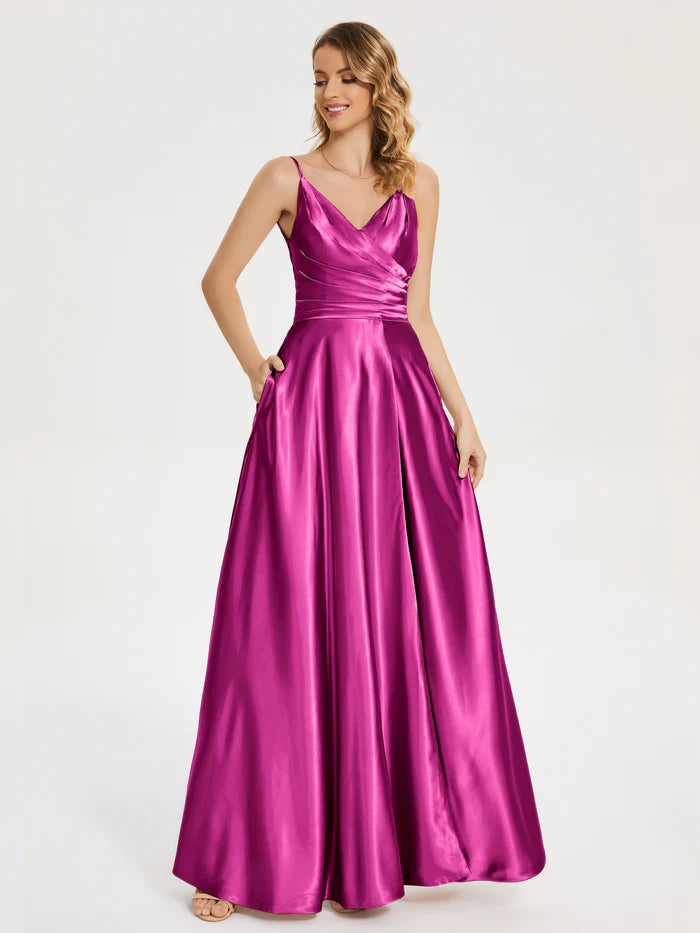 Elegant A-Line V-neck Sleeveless Lace Up Floor-Length Pleated Soft Satin Prom Dress with Slit