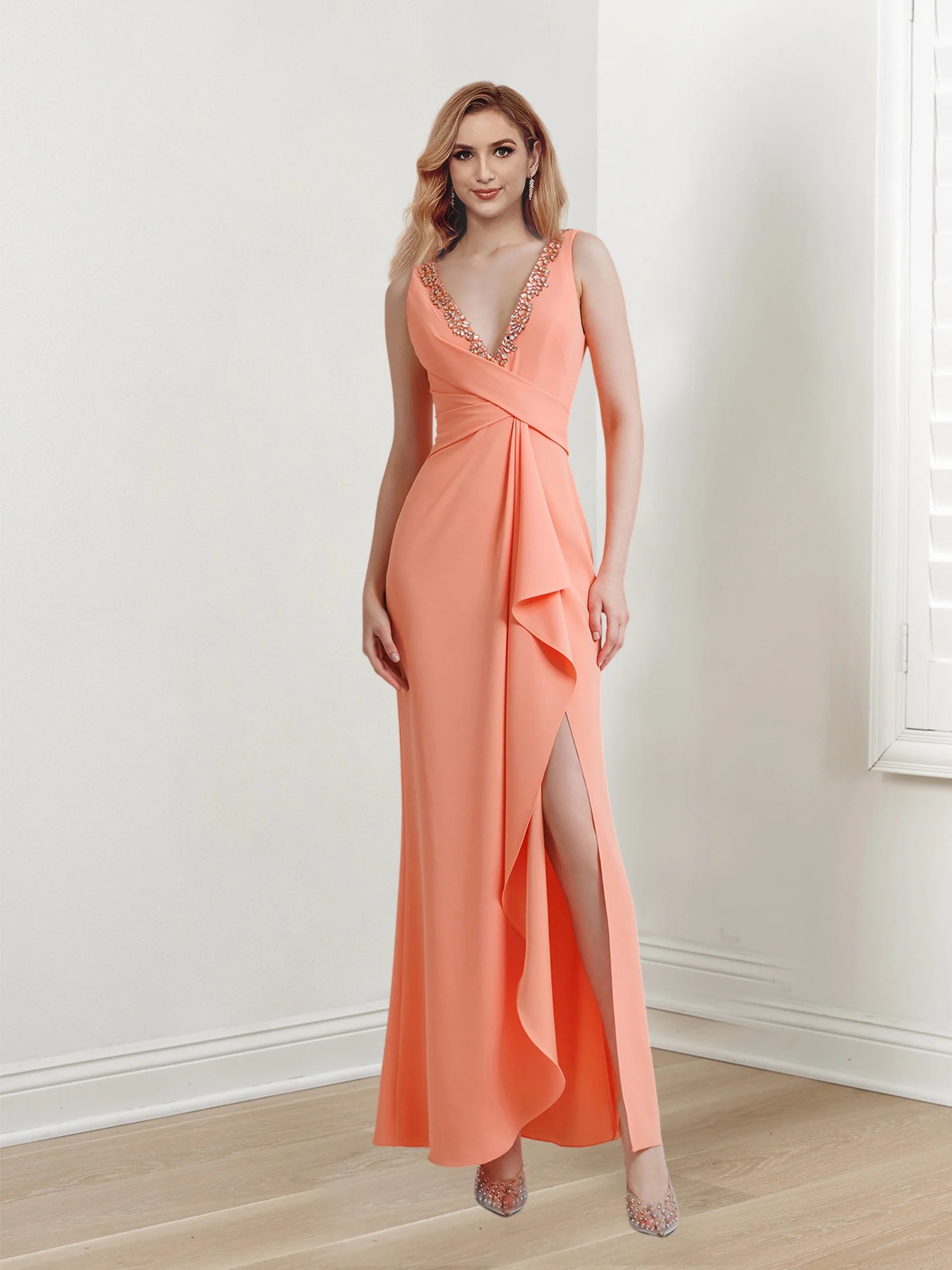 Simple and stylish V-neck long slit sleeveless floor length evening gown