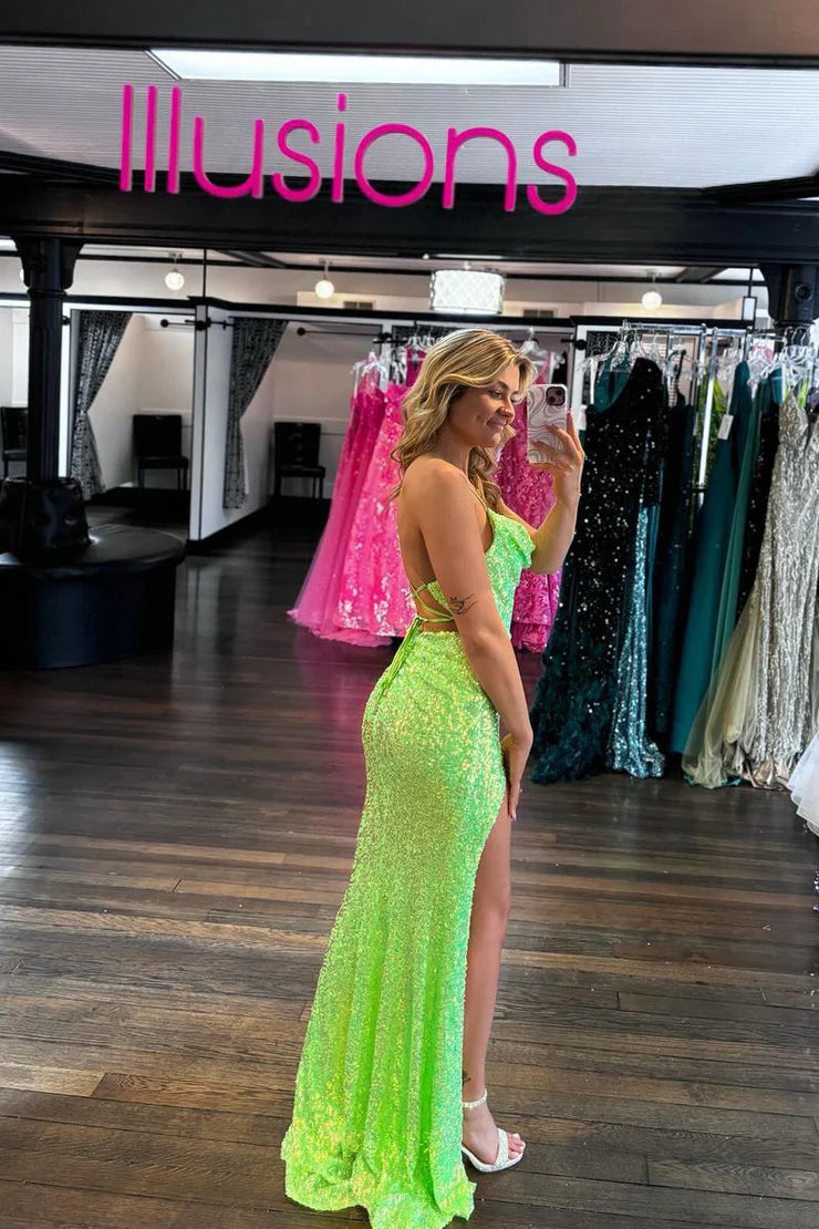 Sparkly Mermaid Cowl Neck Green Sequins Long Prom Dresses with Slit