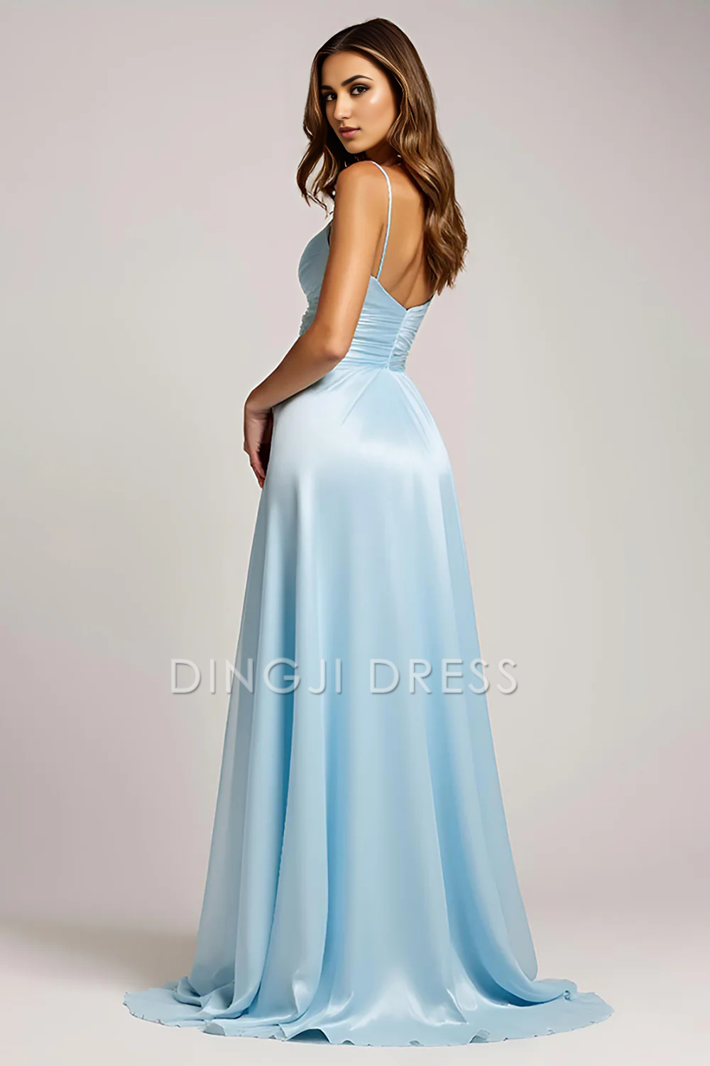 DingJiDress High Quality Dress Elegant A Line V-Neck Spaghetti Strap Pleated Long With Slit Prom Dress