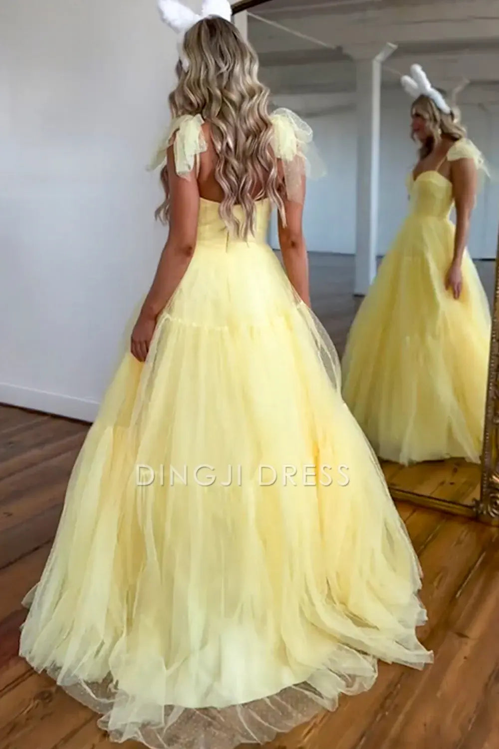 DingJiDress A-Line Tie Spaghetti Straps Tulle Romantic Long Prom Dress