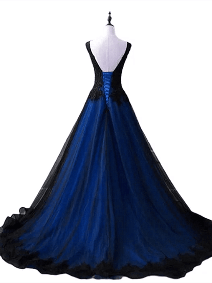 Black and Blue V-neckline Lace and Tulle Applique Long Party DressBlack and Blue Prom Dress
