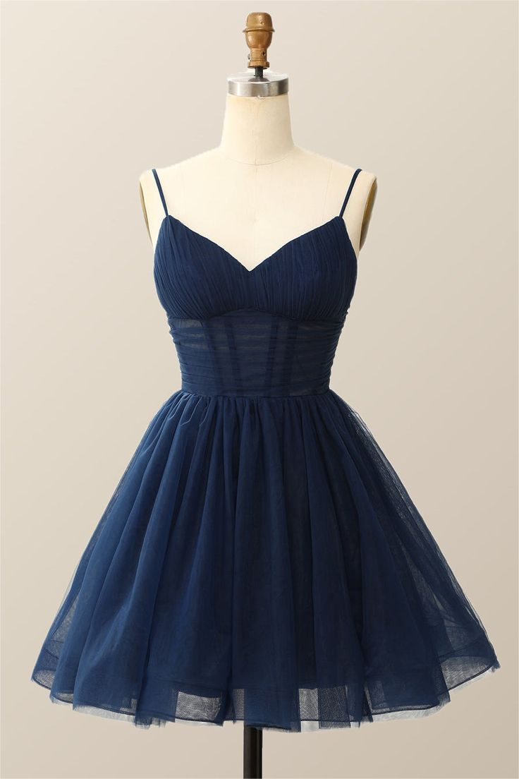 Dark Navy Tulle Spaghetti Strap Sleeveless Pleated A-Line Homecoming Dress