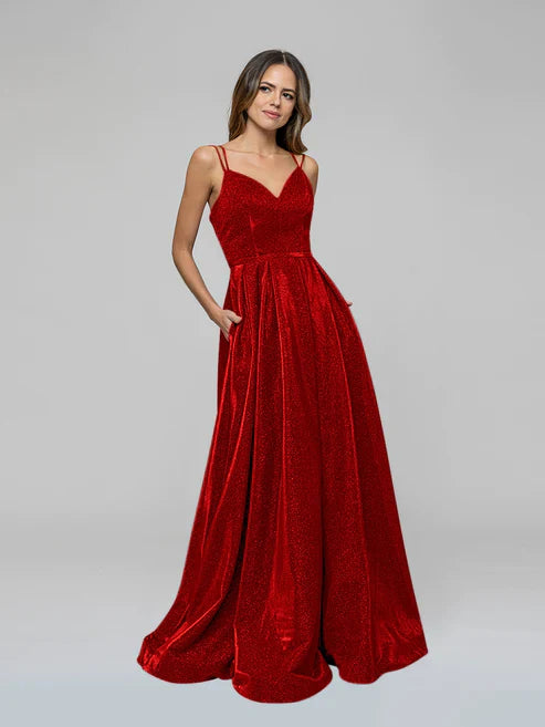 DingJiDress V-neck Sparkly A Line Long Prom Dresses Glitter Ball Gown