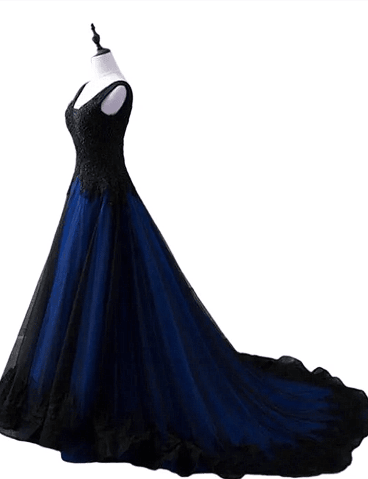 Black and Blue V-neckline Lace and Tulle Applique Long Party DressBlack and Blue Prom Dress
