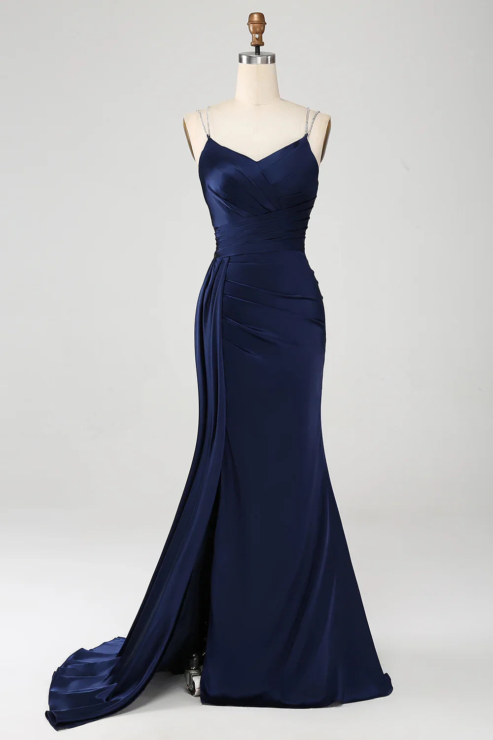 DingJiDress Navy Mermaid Spaghetti Straps Pleated Corset Long Prom Dress With Slit