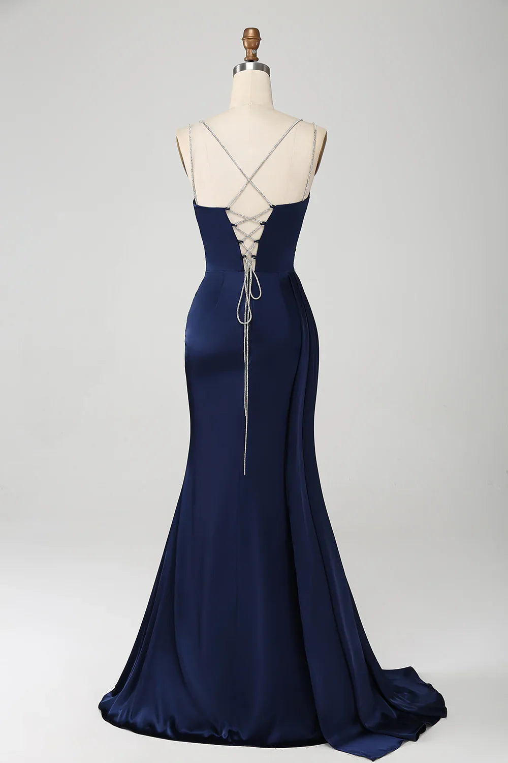 DingJiDress Navy Mermaid Spaghetti Straps Pleated Corset Long Prom Dress With Slit