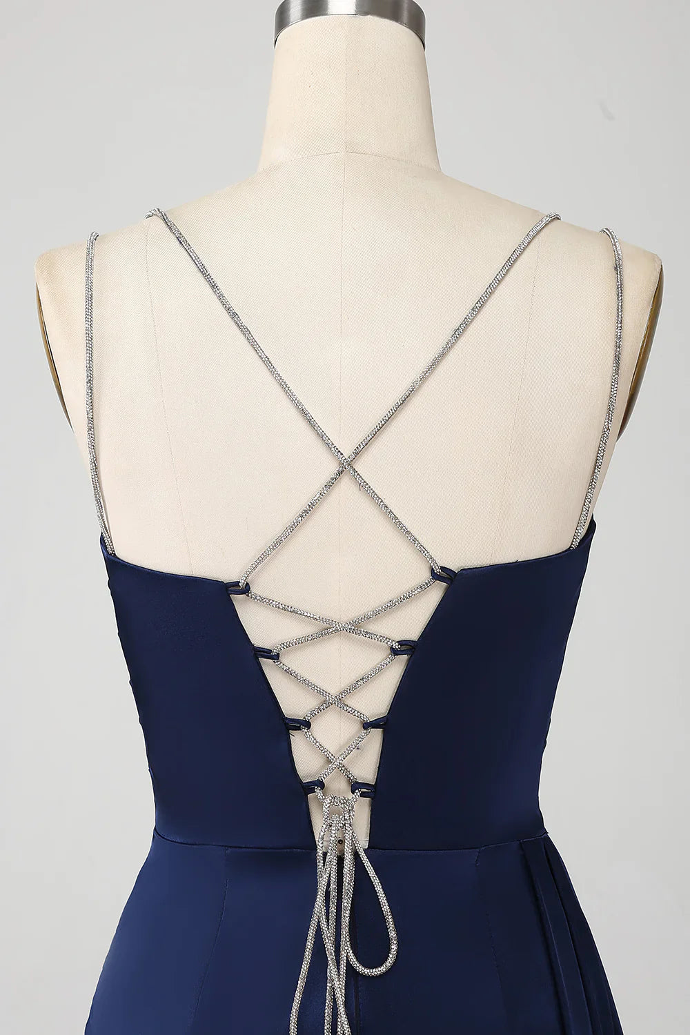 DingJiDress Navy Mermaid Spaghetti Straps Pleated Corset Long Prom Dress With Slit