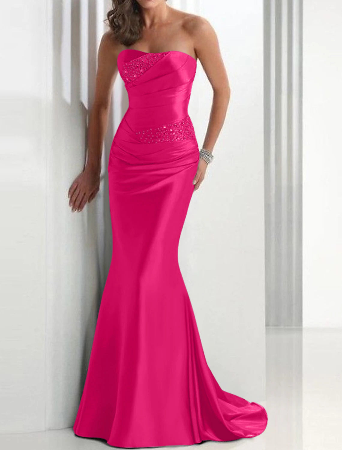 Mermaid Sequin Evening Gown Elegant Dress Wedding Guest Formal Evening Sweep / Brush Train Sleeveless Strapless Satin with Crystals Masquerade Dress dress to impress