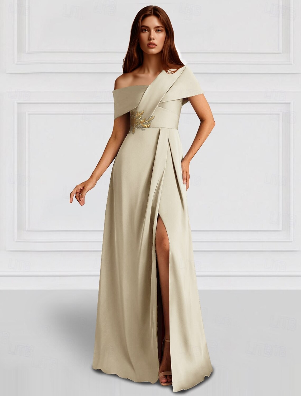 A-Line Evening Gown Elegant Dress Formal Wedding Guest Floor Length Sleeveless One Shoulder Pocket Satin with Shawl