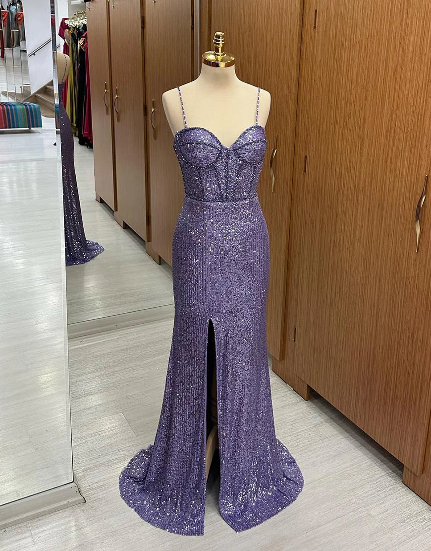 Deep purple sequined mermaid long corset ball dress