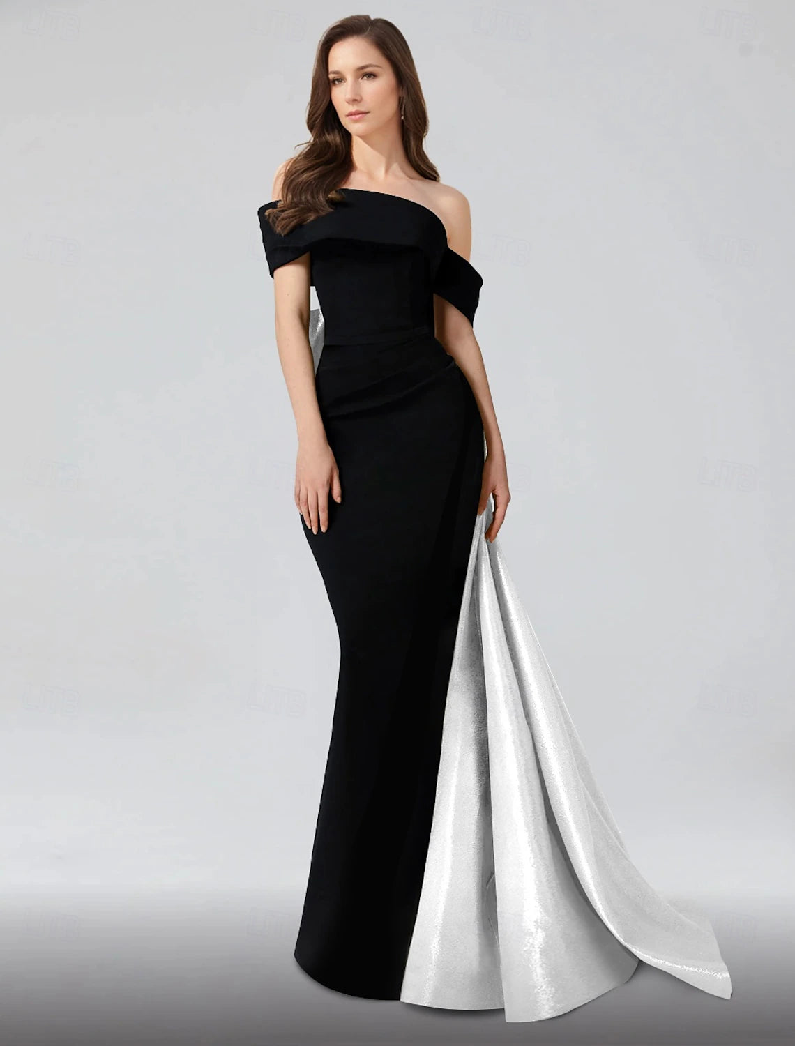 A-Line Evening Gown Elegant Dress Formal Floor Length Short Sleeve One Shoulder Pocket Satin with Bow