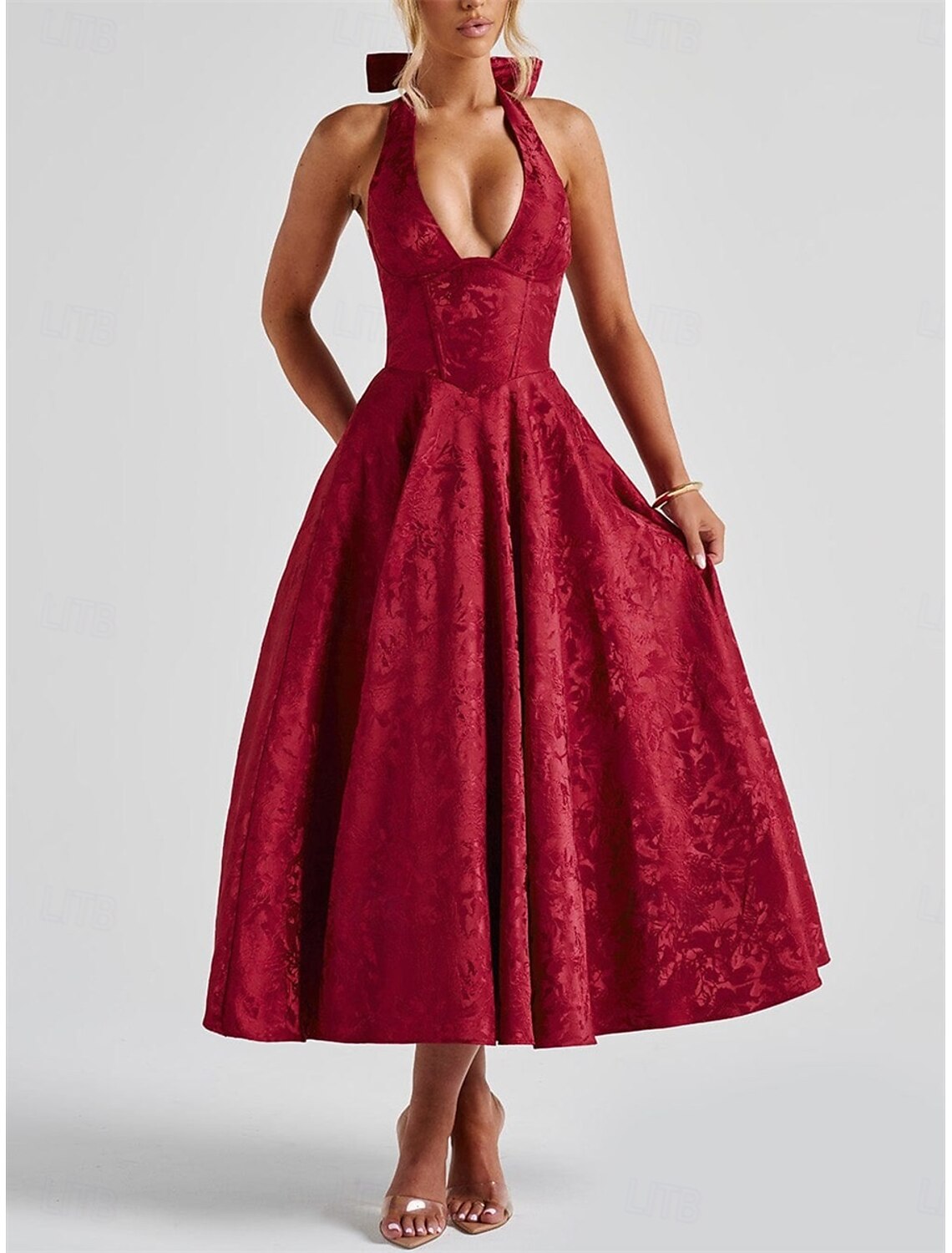 A-Line Pink Dress Jacquard Dress Semi Formal Cocktail Dress Wedding Midi Length Sleeveless Halter Neck Bow Backless with Lace Up Detail