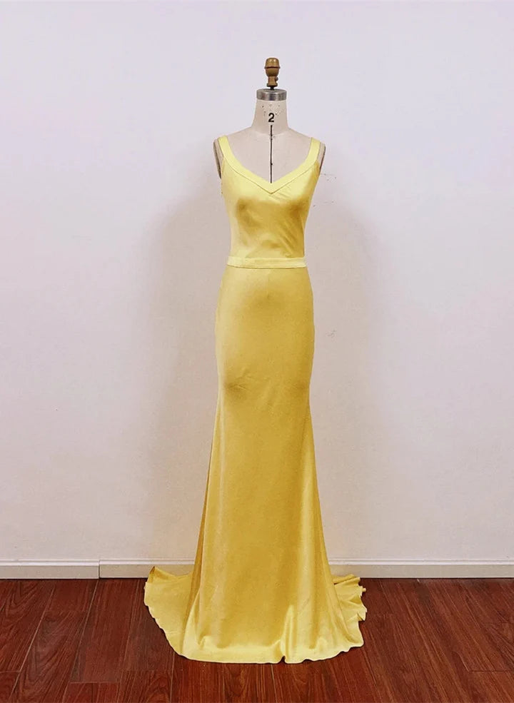 Chic Yellow Satin Mermaid Long Prom DressYellow Low Back Party Dress