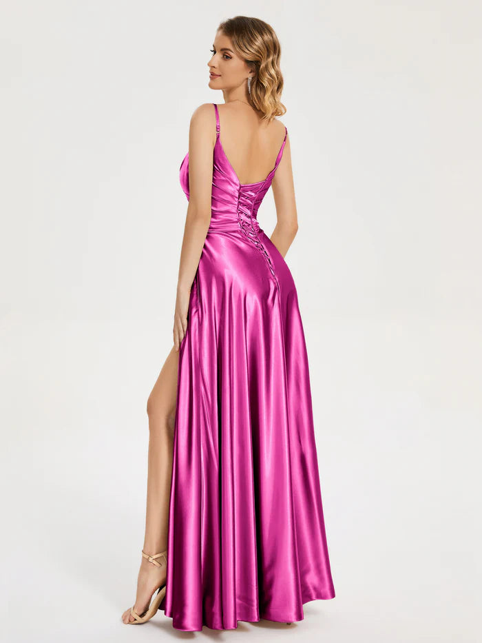 Elegant A-Line V-neck Sleeveless Lace Up Floor-Length Pleated Soft Satin Prom Dress with Slit