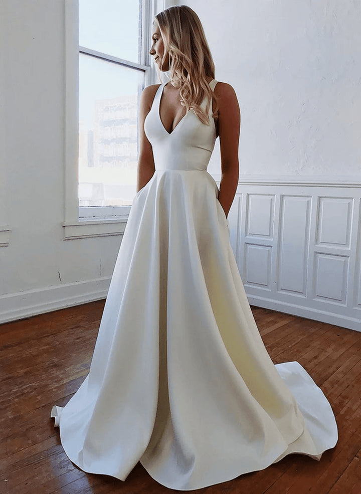 White V Neck Open Back White Wedding Party DressWhite Long Formal Dress Prom Dress