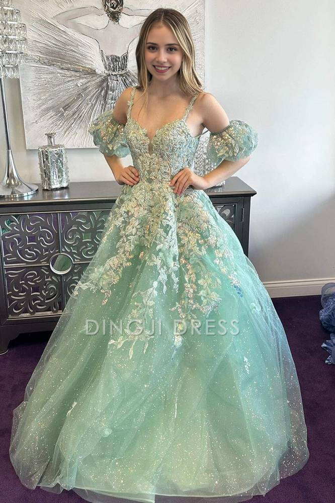 DingJiDress Formal Dress Elegant A-Line Sweetheart Spaghetti Strap Sparkly Tulle Appliques Backless Romantic Prom Dress