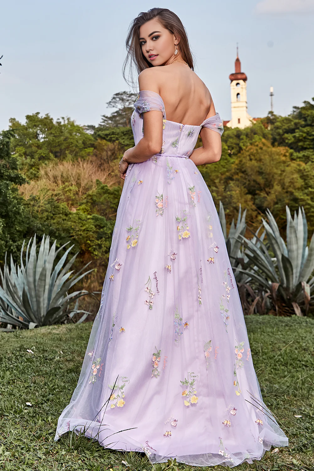 DingJiDress Lavender A Line Off The Shoulder Prom Dresses Tulle Formal Dress With Embroidery