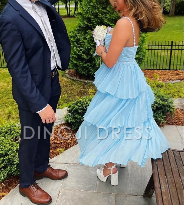 DingJiDress Cute A Line Sweetheart Pleat Tiers Chiffon Long with Pearls Beading Exquisite Prom Dress